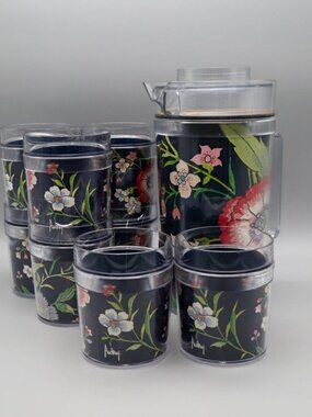 Vtg Thermo-Serv Insulated Acrylic Pitcher & Tumbler Set Audrey St. Tropez Floral